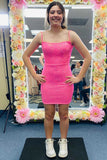 Hot Pink Sequins Straps Tight Homecoming Dress Bodycon Short Party Dress GM561