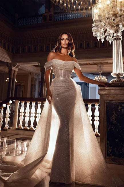 sparkly off the shoulder sequins mermaid bridal dress with detachable train