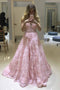 Stunning A Line V-neck Lace Beaded Pink Prom Dresses Long MP294