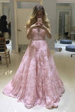 stunning a line v neck lace beaded pink prom dresses long