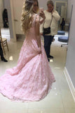 stunning a line v neck lace beaded pink prom dresses long