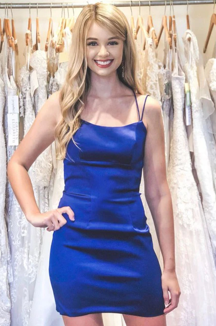 simple tight royal blue short prom dress bodycon homecoming dress with criss cross back