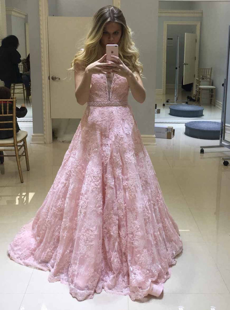 stunning a line v neck lace beaded pink prom dresses long