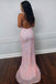 spaghetti straps sequin v neck backless mermaid pink long prom dress