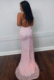Spaghetti Straps Sequin V-Neck Backless Mermaid Pink Long Prom Dress GP321