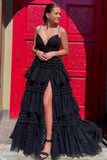 Glitter Black Tulle Tiered Prom Dresses, Long Graduation Gown With Slit GP361