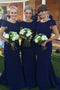 Modest Dark Blue Long Bridesmaid Dresses,Mermaid Cap Sleeves Wedding Guest Dress PB111
