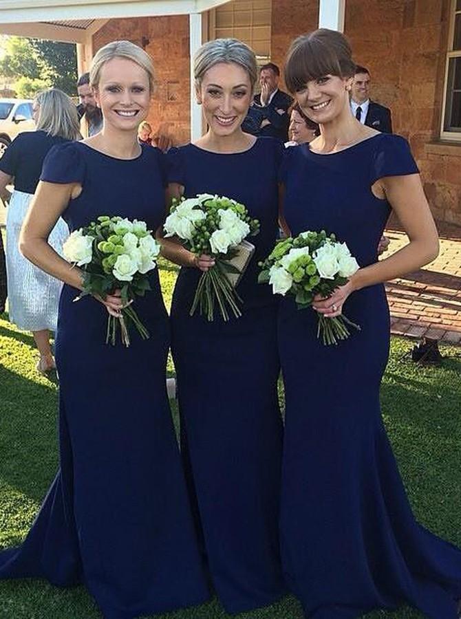 modest dark blue long bridesmaid dresses mermaid cap sleeves wedding guest dress