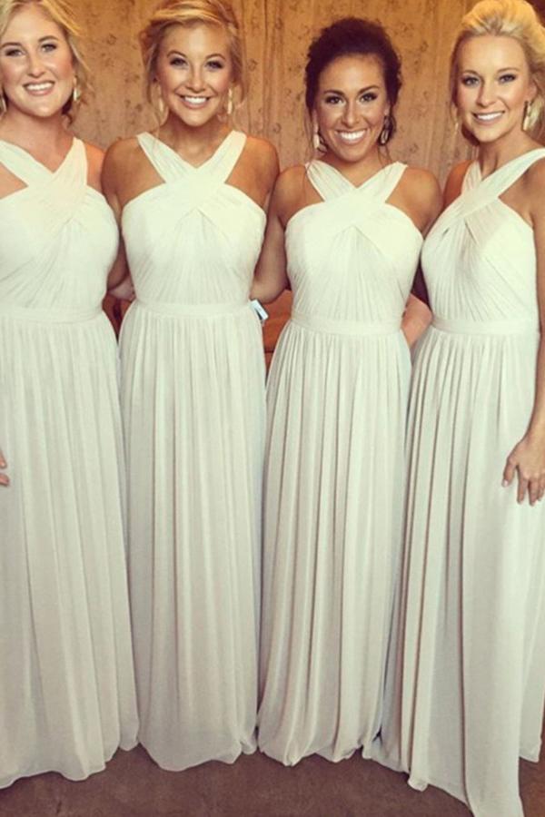 Ivory A-Line Cross Neck Chiffon Long Bridesmaid Dresses with Pleats PB101