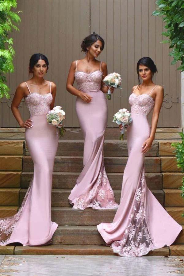 spaghetti straps mermaid pink long bridesmaid dresses with lace appliques