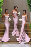 Spaghetti Straps Mermaid Pink Long Bridesmaid Dresses with Lace Appliques PB108