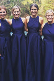 A-Line Jewel Satin Royal Blue Long Bridesmaid Dresses PB100