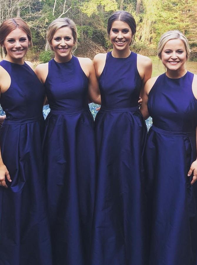 a line jewel satin royal blue long bridesmaid dresses