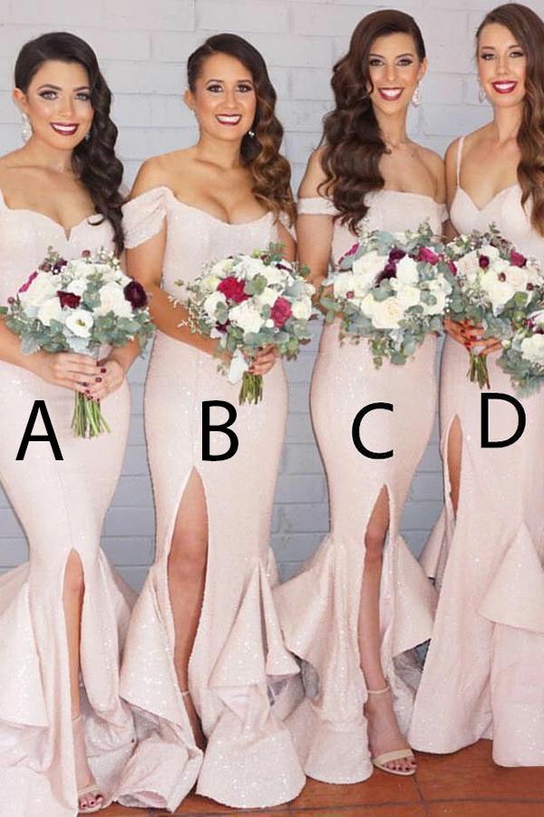 sparkly mermaid pearl pink sequined long bridesmaid dresses with ruffles