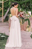 A-Line Sequins Bodice Backless Bridesmaid Dress with Bowknot PB97