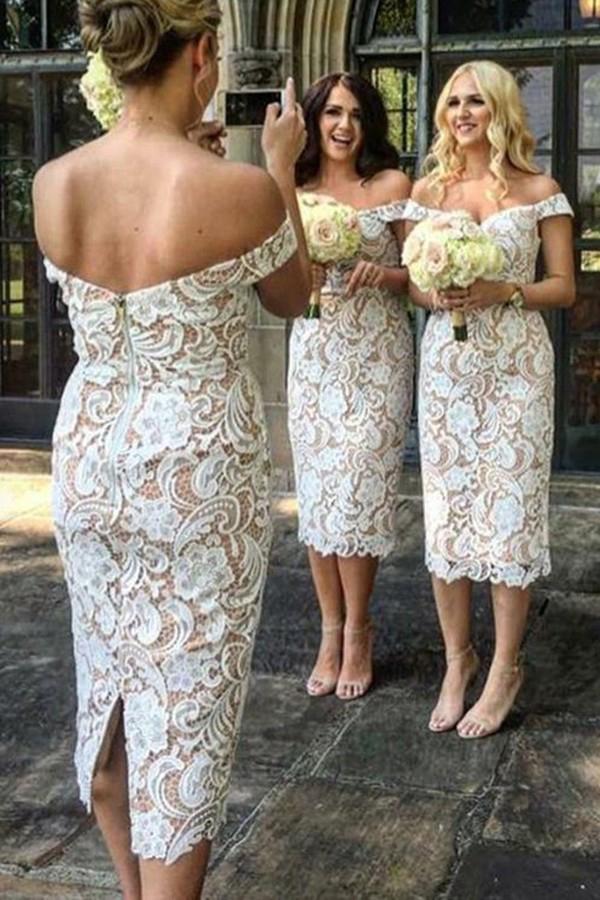 off the shoulder mid calf sheath lace bridesmaid dresses