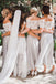 beach off shoulder ankle length two piece bridesmaid dresses with lace