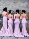 spaghetti straps mermaid lilac backless bridesmaid dresses with pleats