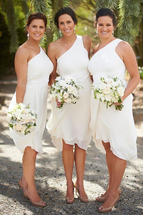 one shoulder knee length ruched chiffon bridesmaid dresses