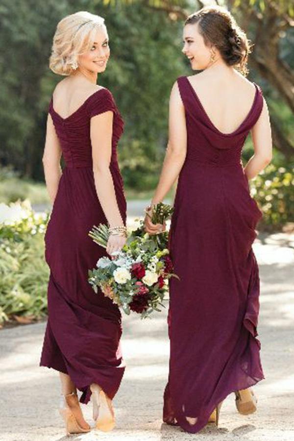 sheath off the shoulder burgundy long bridesmaid dresses