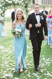 Sheath V-Neck Floor-Length Blue Bridesmaid Dresses with Split PB88