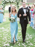 sheath v neck floor length blue bridesmaid dresses with split