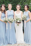 sheath round neck sleeveless dusty blue long bridesmaid dresses
