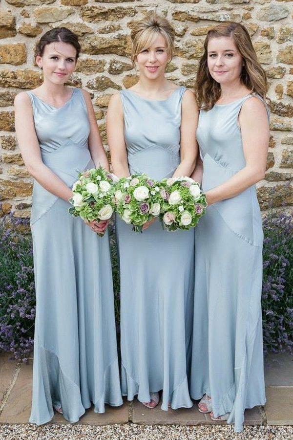 sheath round neck sleeveless dusty blue long bridesmaid dresses