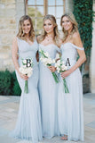 Off-Shoulder Floor-Length Dusty Blue Chiffon Long Bridesmaid Dresses PB86