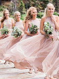 Flowy Chiffon Bridesmaid Dresses A-Line Jewel Blush Pink with Sequins PB84