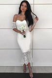 Mermaid Hi-Low Lace Bridesmaid Dresses, Off-Shoulder Short Sleeves Bridesmaid Dress PB83