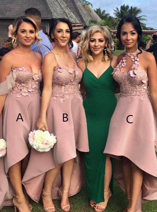 A-Line High Low Blush Pink Bridesmaid Dresses with Appliques (A/B/C) PB40