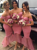 Off Shoulder High Low Mermaid Bridesmaid Dresses with Ruched PB38