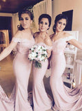 Off-Shoulder Low Back Blush Mermaid Bridesmaid Dresses With Lace PB37