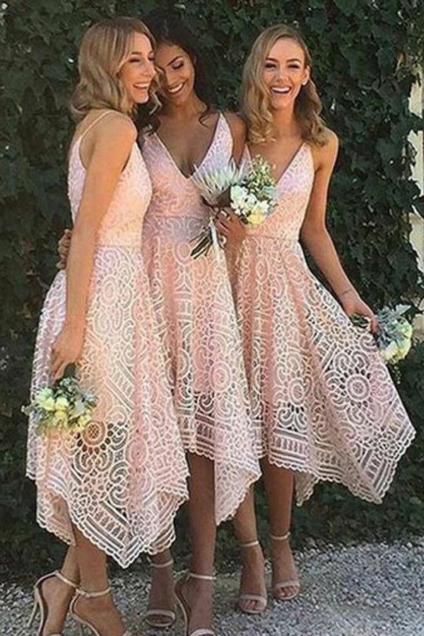 Spaghetti Straps V-neck Asymmetrical Lace Short Pink Bridesmaid Dresses PB165