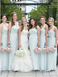 A-Line One-Shoulder Light Blue Long Bridesmaid Dresses with Ruched PB01