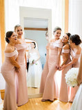 Off Shoulder Mermaid Floor-Length Pink Satin Bridesmaid Dresses PB04