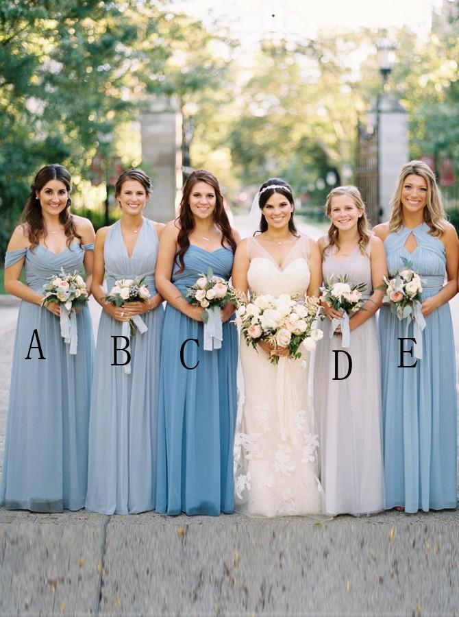 A-Line Simple Boho Blue Series Long Bridesmaid Dresses with Ruched PB05