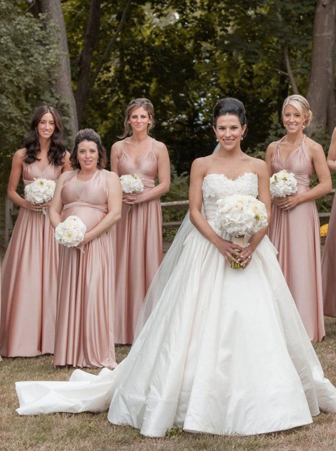 A-Line V-Neck Convertible Pink Long Bridesmaid Dresses PB06