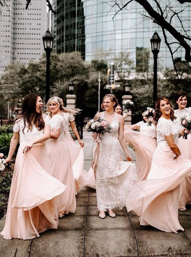 Short Sleeves Two Piece Chiffon Bridesmaid Dresses with Lace PB36