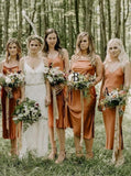 Simple Tea-Length Orange Sheath Bridesmaid Dresses with Split PB34