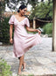 Sleek A-Line V-Neck Mid-Calf Pink Bridesmaid Dress With Cap Sleeves PB32