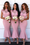 lace cap sleeves hi low asymmetry pink mermaid bridesmaid dresses
