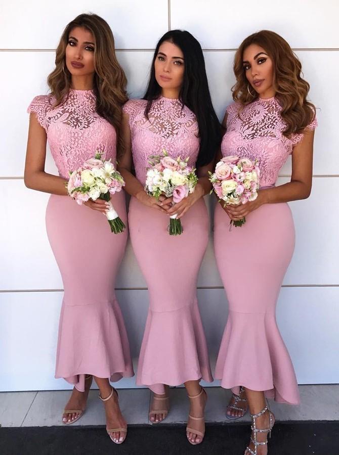 lace cap sleeves hi low asymmetry pink mermaid bridesmaid dresses