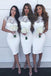 jewel lace cap sleeves white sheath knee length bridesmaid dresses