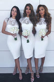 Jewel Lace Cap Sleeves White Sheath Knee-Length Bridesmaid Dresses PB77