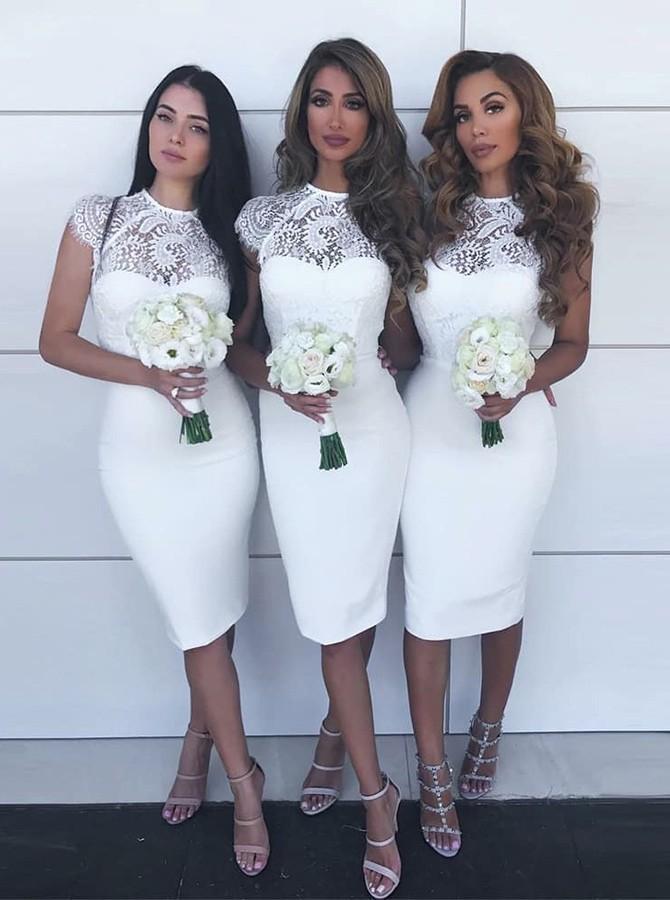 jewel lace cap sleeves white sheath knee length bridesmaid dresses