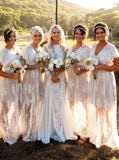 A-Line V-Neck Ivory Boho Lace Bridesmaid Dresses With Cap Sleeves PB24