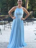 Round Neck Open Back Light Blue Bridesmaid Dress with Ruched PB22