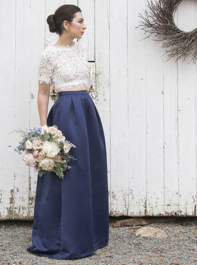 Jewel Short Sleeves Dark Blue Two Piece Bridesmaid Dress with Lace Top PB21